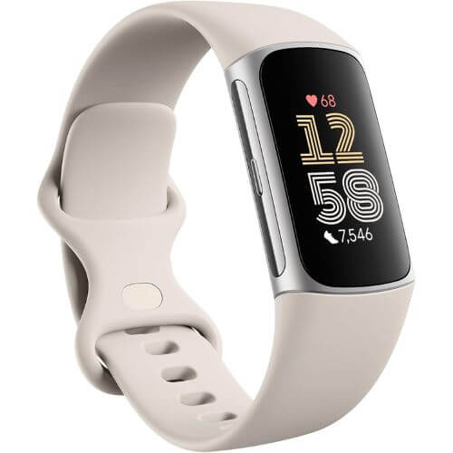 Fitbit Charge 6 showing activity stats on a senior's wrist