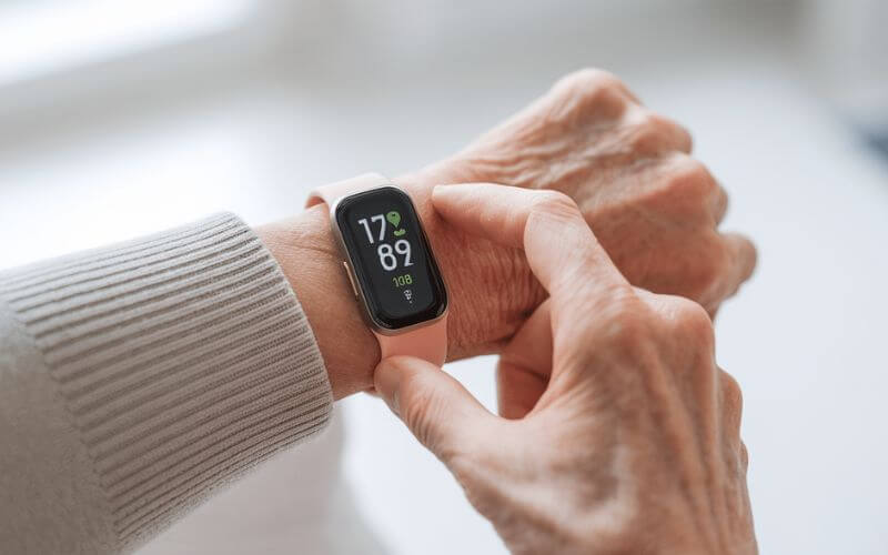 A senior man checking his heart rate on a Fitbit Inspire 3.